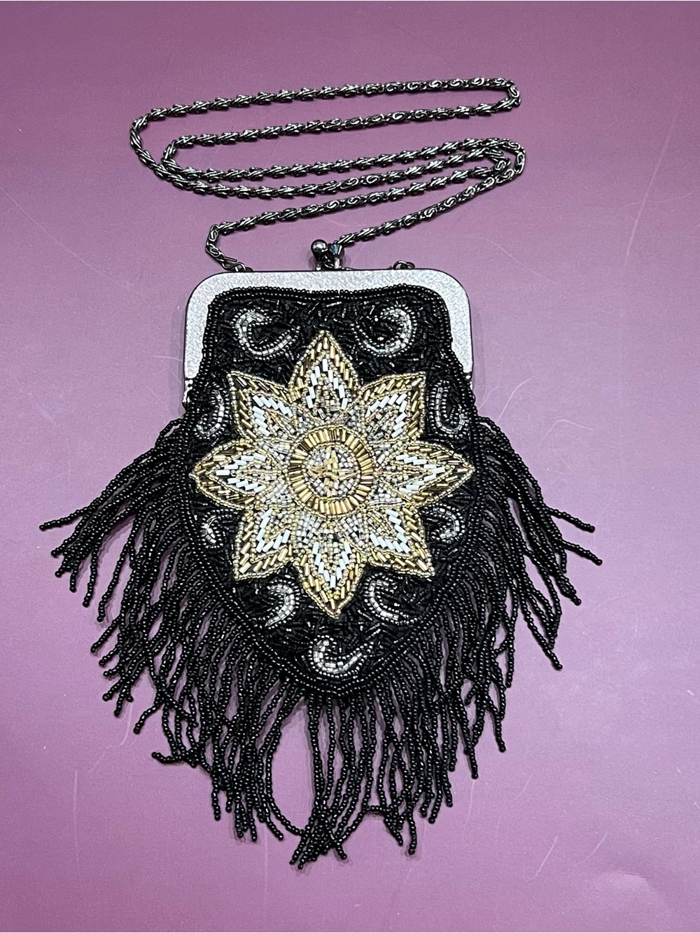 Vintage Cache Black Beaded Fringe Evening Bag w/Chain Strap Gold Boho Designer